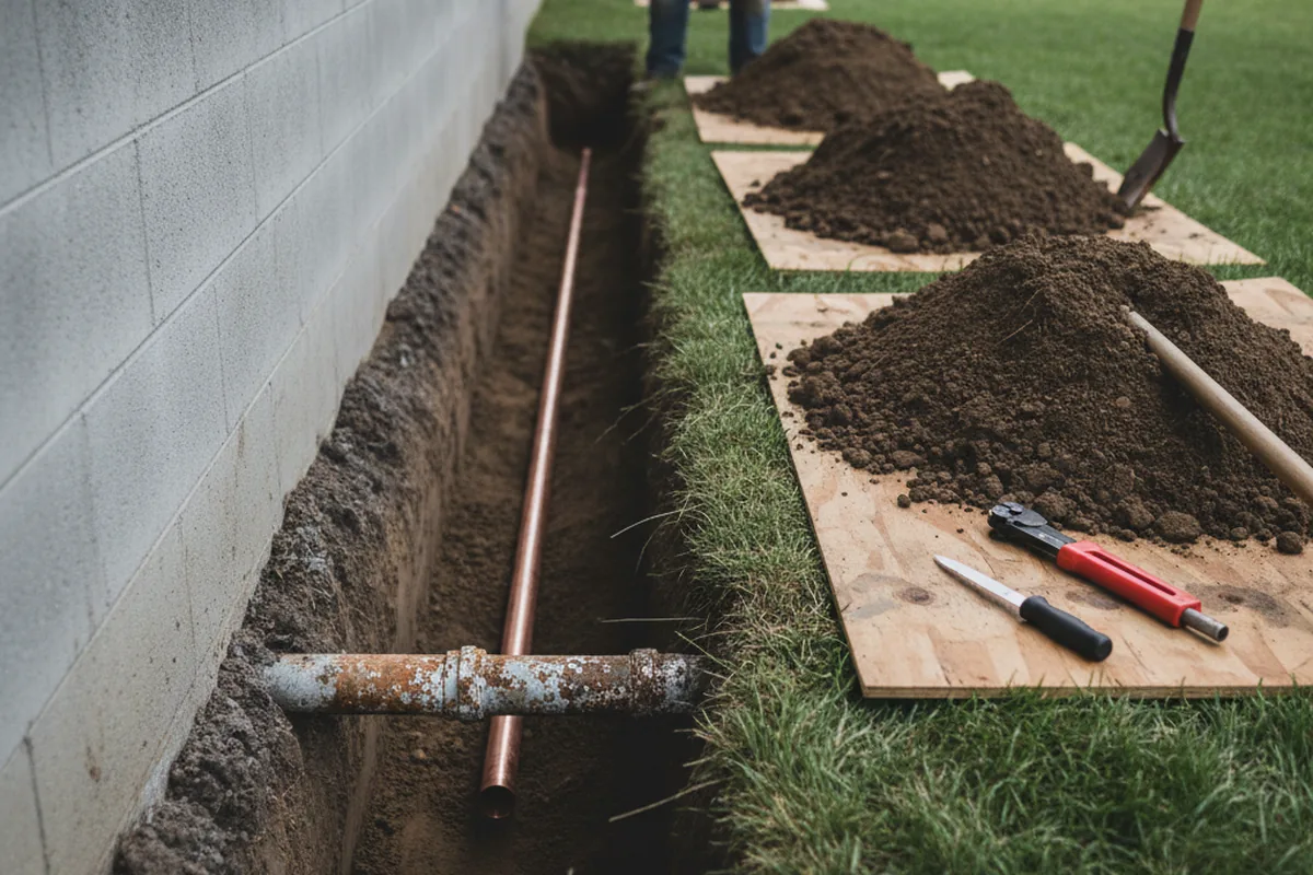 Excavated water line trench during Sewer Line Repair in Tehuacana